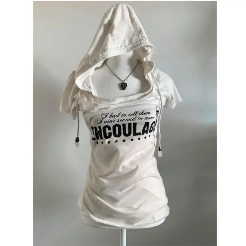 Harajuku american retro vintage hooded short sleeved Tshirt slim fit versatile top shirts for women gothic graphic t 250226