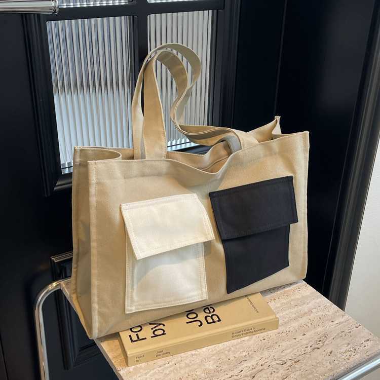 Casual canvas bag for women, fashionable, large capacity, portable shopping bag for going out, class commuting, shoulder tote bag 250215