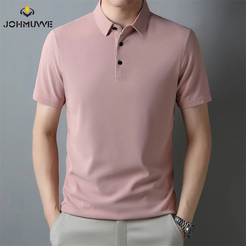 Mens Fashion Waffle Solid Short Sleeved Polo Shirt Summer Breathable Comfortable Top 250224