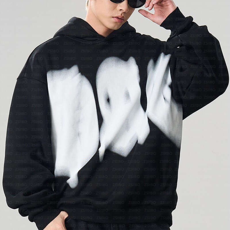 Abstract art style fuzzy letter print niche top autumn and winter long sleeved hooded sweatshirt