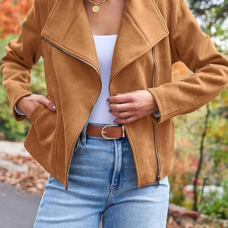 fashion casual jacket womens short with lapel and diagonal zipper 250227