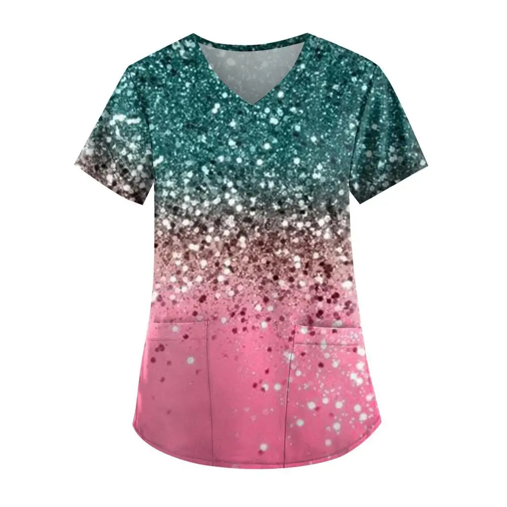 Casual Nurse Uniform Print Women Short Sleeve Tops Vneck Blouse Shirt Pocket Beauty Care Scrub Uniforms Womens 250226