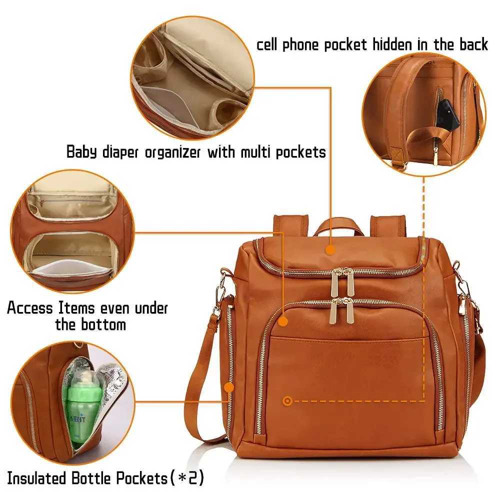 Diaper Bags 7-in-1 Baby Diaper Bag Solid PU Leather Mummy Maternity Bag Large Capacity Travel Back Pack Stroller Bags with Changing Pad Y250227A5OR