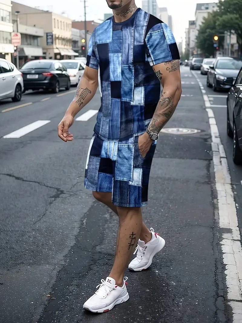 Mens Two-Piece Denim Patchwork Print Fashion Men Suit Summer O Collar Short-Sleeved Polo Shirt Shorts Two-Piece Men Suit 250224