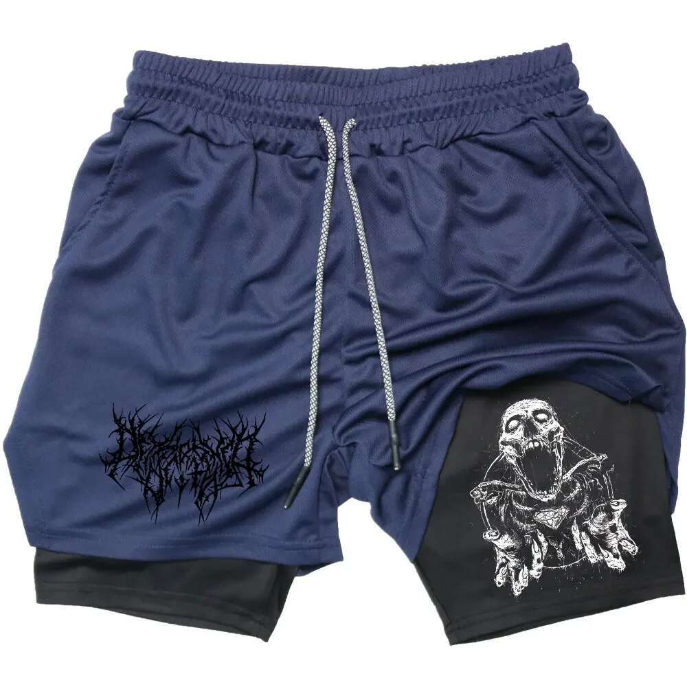 Y2k Performance Men Quick-Drying Fiess Skull Print Double Layer Shorts Workout Training Running Bodybuilding Sportwear