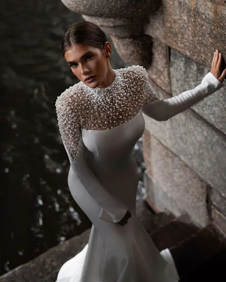 Customzied 2025Mermaid Wedding Dresses Long Sleeve Church Sweeping Train Pearl Turtle Neck Womens Bridal Gowns for Formal Occas 250224