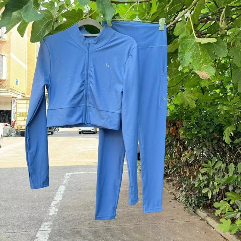Zippered nude yoga set long sleeved V-neck top Discreet Trouser womens two-piece set 250227