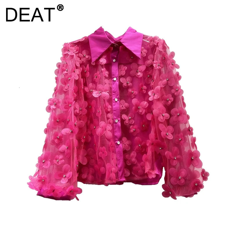 DEAT Women Shirt Loose Patchwork 3D Flowers Double Layer Perspective Mesh Single Breasted Blouse Spring 2025 Fashion 29L9414 250226