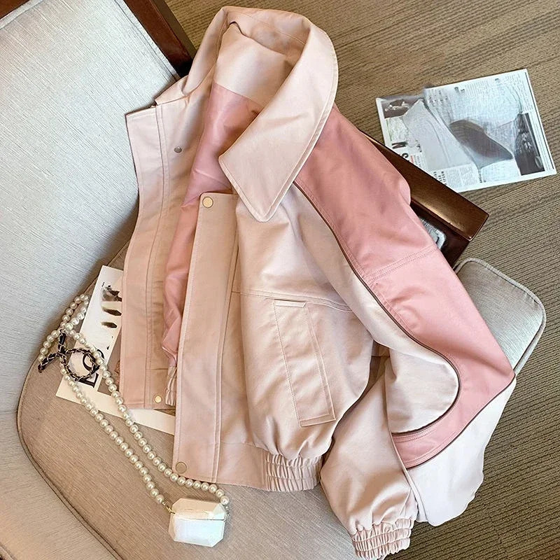 Pink Casual Leather Coat for Women Spring Loose Streetwear Lapel Long Sleeve Jackets Korean Style Chic Vintage Tops 250227