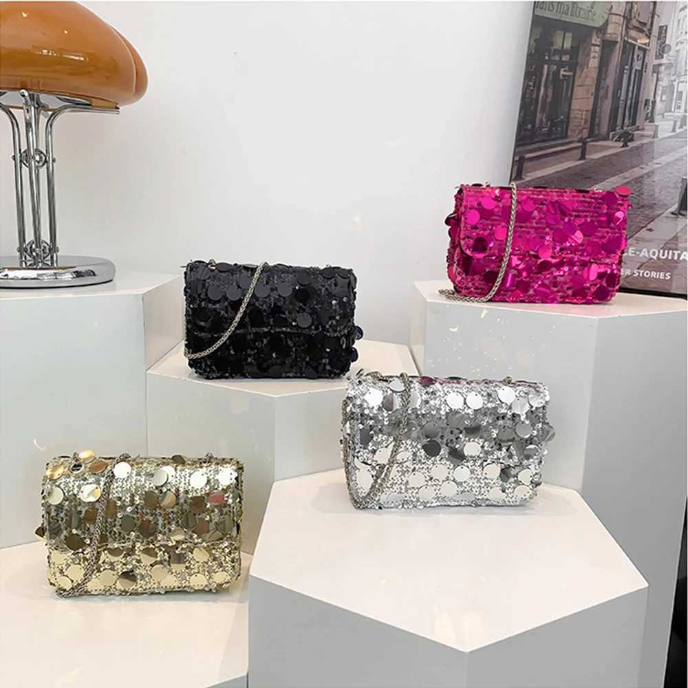 Women Shiny Sequins Shoulder Bags Solid Glossy Square Chain Crossbody Packs Female Versatile Shopping Messenger BagsXJ250227