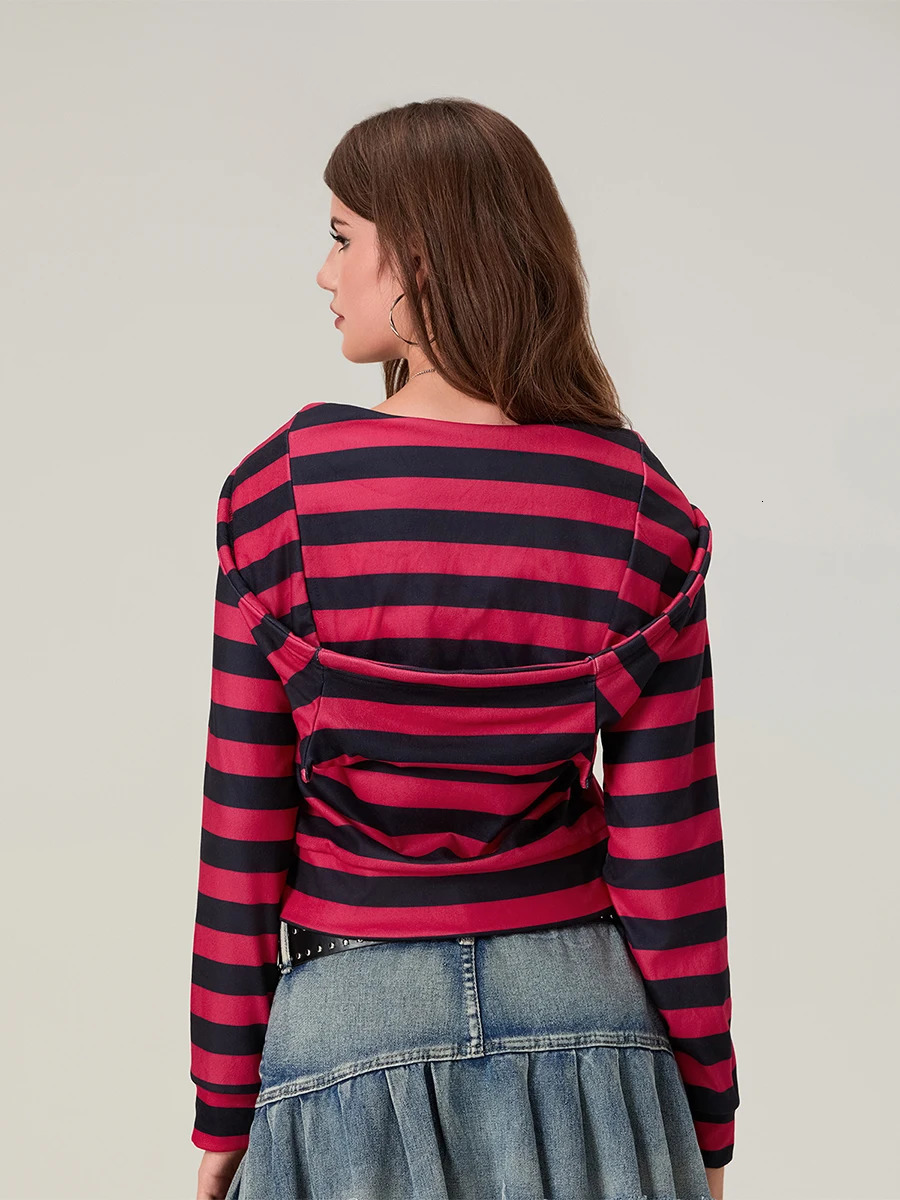 Womens Gothic Striped Print Zip Up Hoodie Contrast Color Raglan Long Sleeve Fall Sweatshirt Jacket Crop Top y2k Streetwear 250226