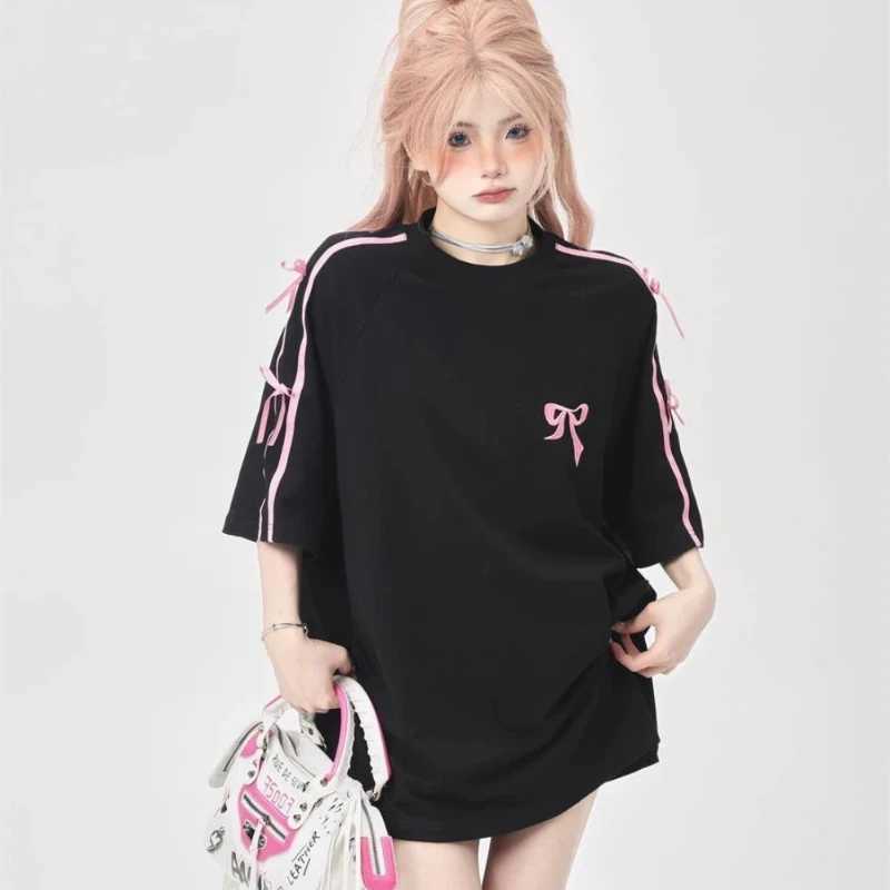Korean style sweet bow loose womens short sleeved design T-shirt 2024 trendy high-end sweet and chic embroidered topT250320