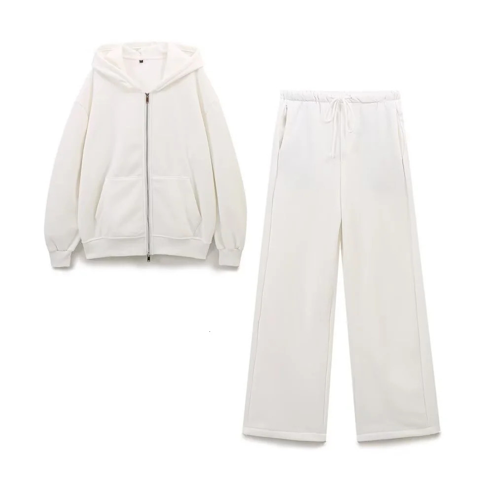Taop Za autumn womens fashionable casual zipper decoration hooded long sleeved sportswear jacket wide leg pants set 250226