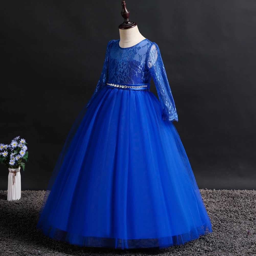 Girl's Dresses Blue European and American best-selling childrens bridesmaid dress lace long sleeved large skirt flower girl princess dress Y25022