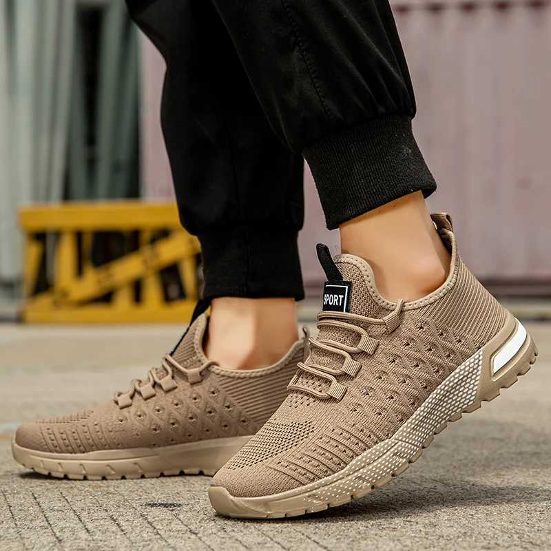 Mens running shoes anti slip lace casual shoes fashionable knitted sports shoes breathable mesh walking shoes fitness training flat shoes Z250227