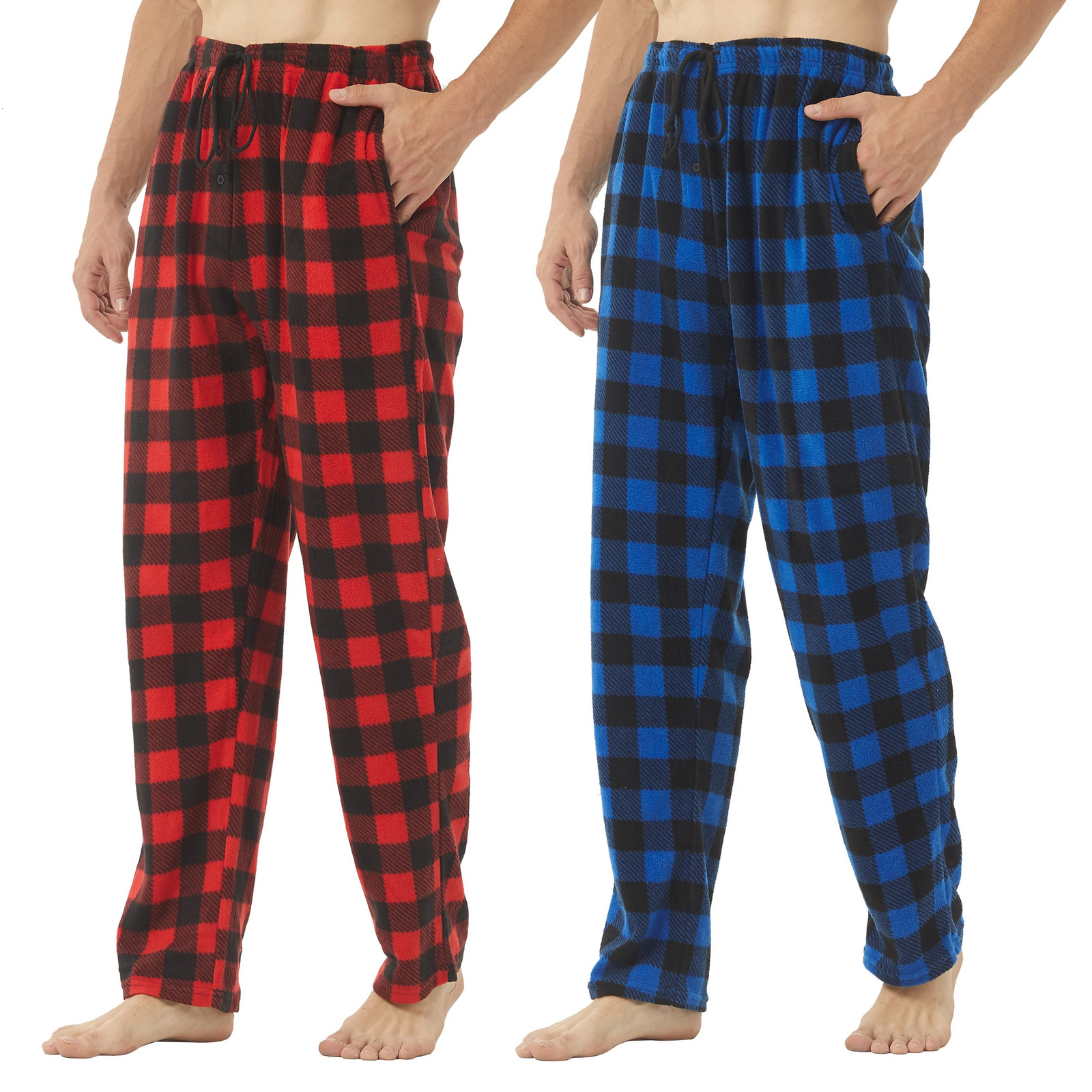 2 Pack Mens Pajama Pants Fleece Pajama Bottoms Pj Plaid Pants with Pockets Soft Warm Lounge Sleep Pants Sleepwear Loungewear 250227