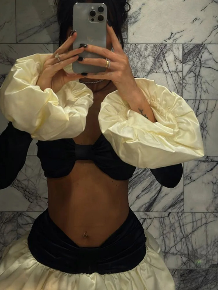 Sexy Contrasting Cropped Chest Wrapped Top Suit White Pleated Hem Short Bud Skirts Sets Elegant Lady Party Club Womens Clothes 250226