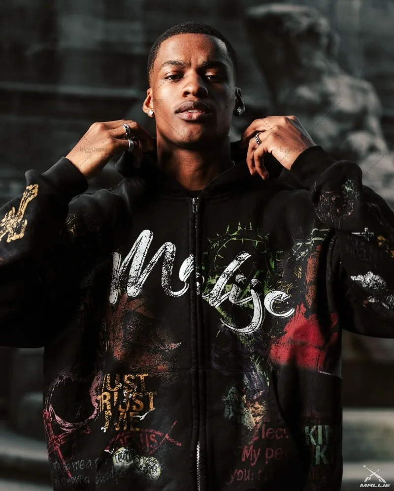 Trend Street Clothing Jacket Hip Hop Punk Pattern Printed Zipper Hoodie Mens Y2K Harajuku Retro Casual Oversized Sweatshirt 250227