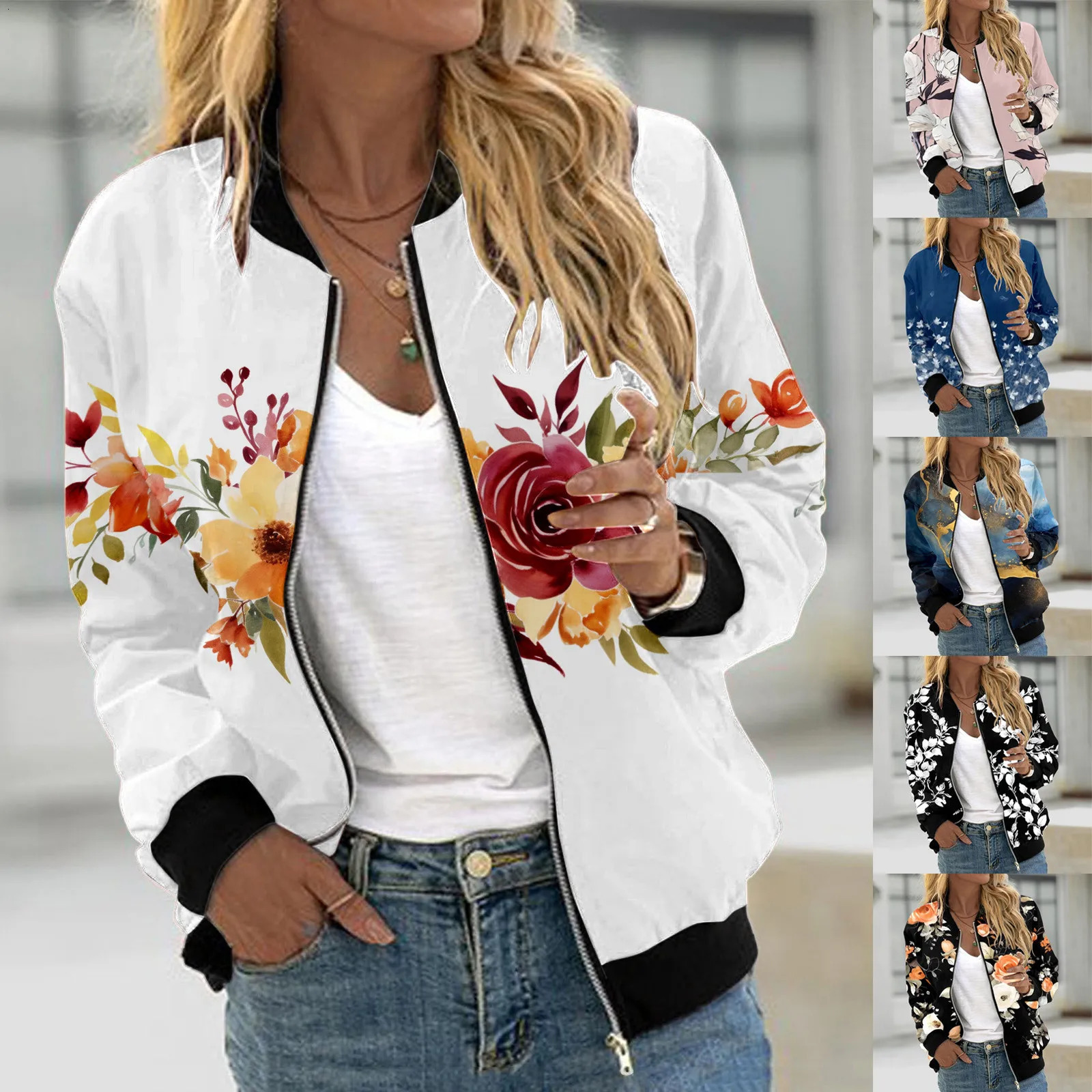 Autumn sports jacket womens floral print long sleeved short full zip bomber casual loose Chaqueta 250227
