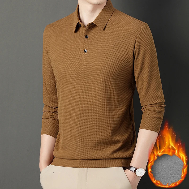 Fashion Winter Fleece Warm Men Business Wargoff Polo Shirts Long Sleeve Button Lapel Male Clothing Thick Casual T-Shirt Tops 250226