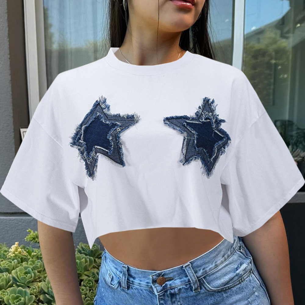 Designer's New Women's Sexy Loose Crop Exposed Star Denim Patch Round Neck Short Sleeved T-shirt Top