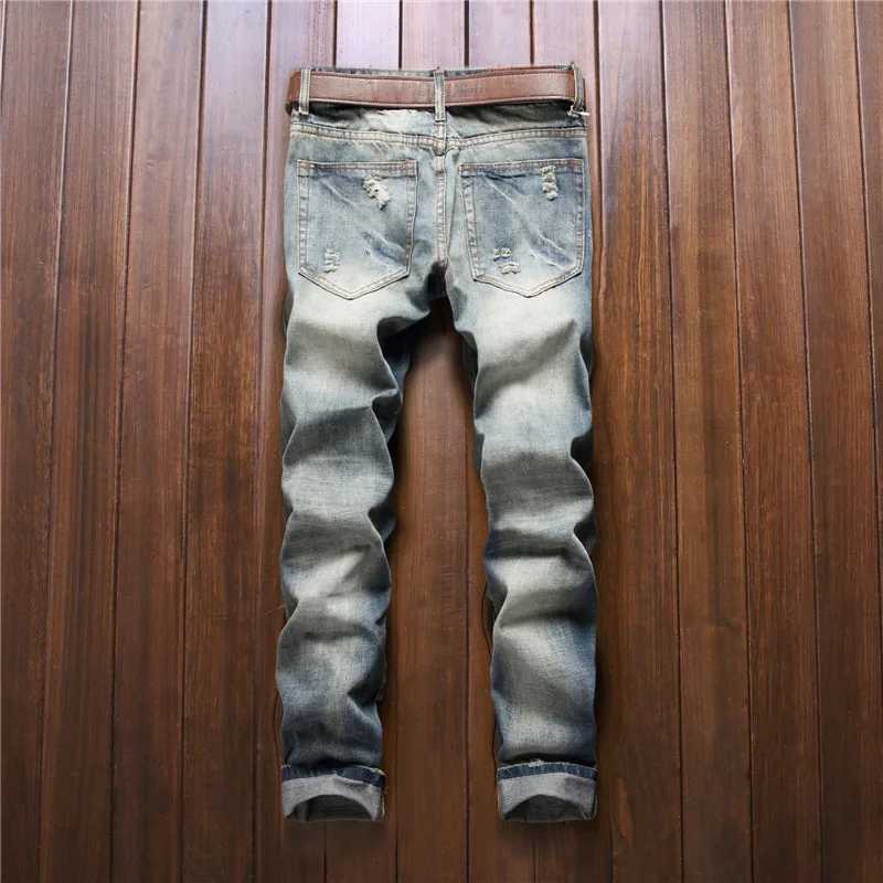 New Mens Hip Hop High Street Motorcycle Jeans Badge Distressed Ripped Denim Trousers Male Non-stretch Straight Slim Fit Jeans X250227