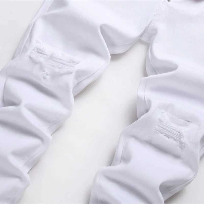 Pure white jeans mens fine pore cotton elastic four season casual cotton mens basic washing process X250227