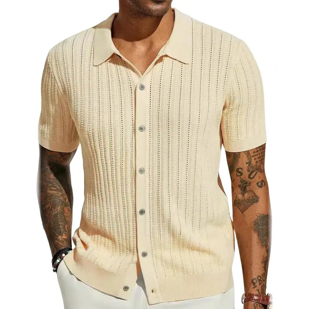 Plus Size Summer Mens Shirt Knitted Single-breasted Thin Short Sleeves Breathable Cardigan Hollow Out Mid Length Beach Shirt Top 250222