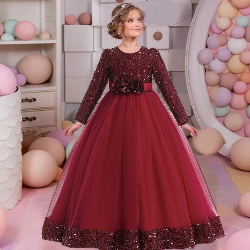 Girl's Dresses Teenagers formal evening dress girls clothing long sleeved sequins Christmas wedding party dress girls princess dress Y250227P7TY