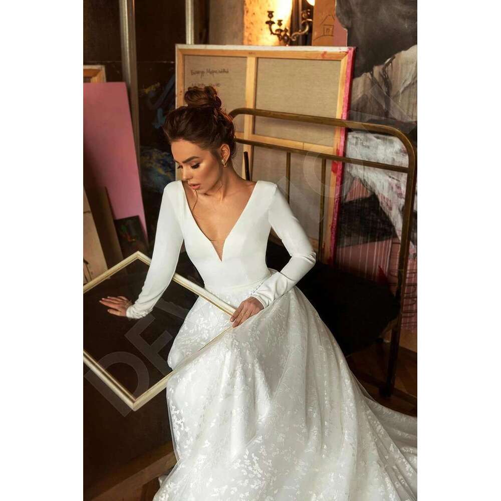 Elegant Lace Appliques Wedding Dresses A E Sexy V Neck Long Sleeves Satin Backless Bridal Gowns Vestidos De Novia Customized