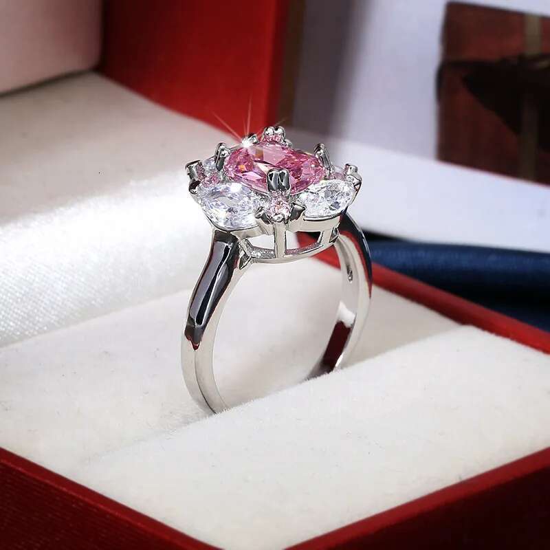 2024 Classic Moissanite Gemstone Ring For Ladies Stamp Pink White Zircon Wedding Engagement Jewelry Gift