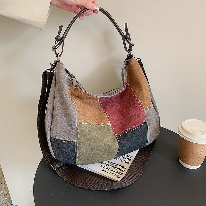 Ship from US Retro Patchwork Canvas Hobo Bag | Fashion Shoulder Tote Vintage Style Handbag With Adjustable Strap Chic Casual Daily Purse 250227FBB