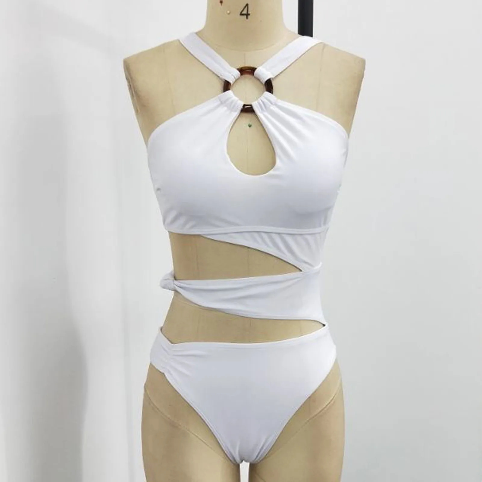 Sexy Halter Irregular Cutting Bikini Set Push-Up Bra Padded Swimsuit White Slim Beachwear High Leg Cut Loop Swimwear 250226