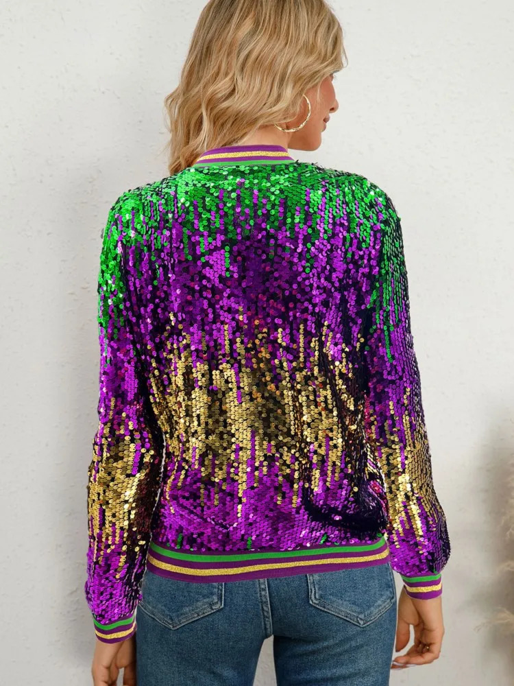 Y2K Streetwear Women Sequin Jackets Long Sleeve Short Coats European Style Female Tops Zipper Splicing Jacket Autumn 250227