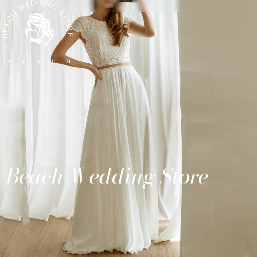 Beach custom elegant O-neck lace decal wedding dress womens short sleeved backless bridal dress A-line simple bridal dress 250226