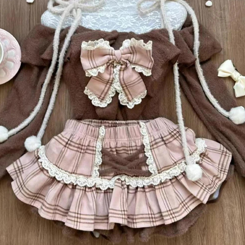 Japanese Sweet Cute Skirt Two Piece Set Spliced Lotus Leaf Edge Waist Cinching Slimming One Shoulder Top High Waist Cake Skirt 250227