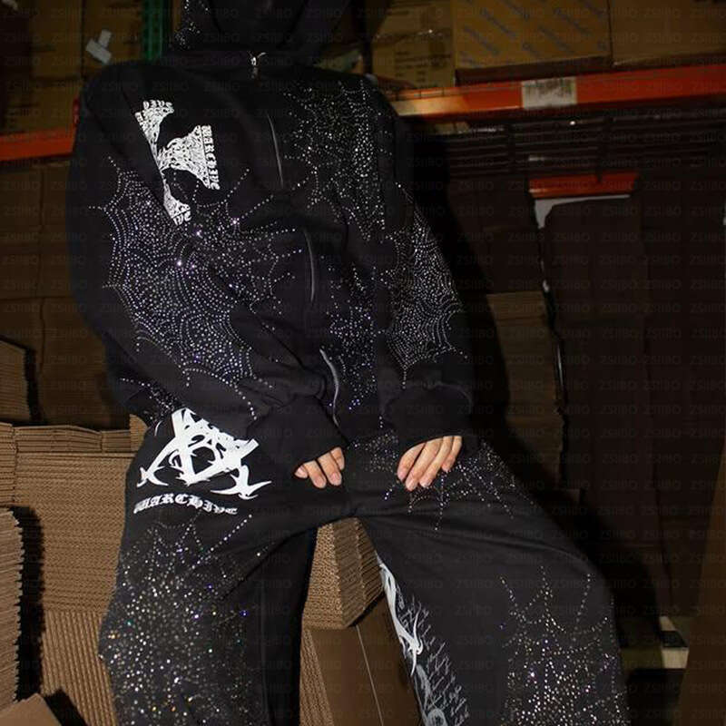 2025 Spring Dark Gothic Hip Hop Harajuku Complex Hot Diamond Zipper Men's and Women's Loose Hoodie