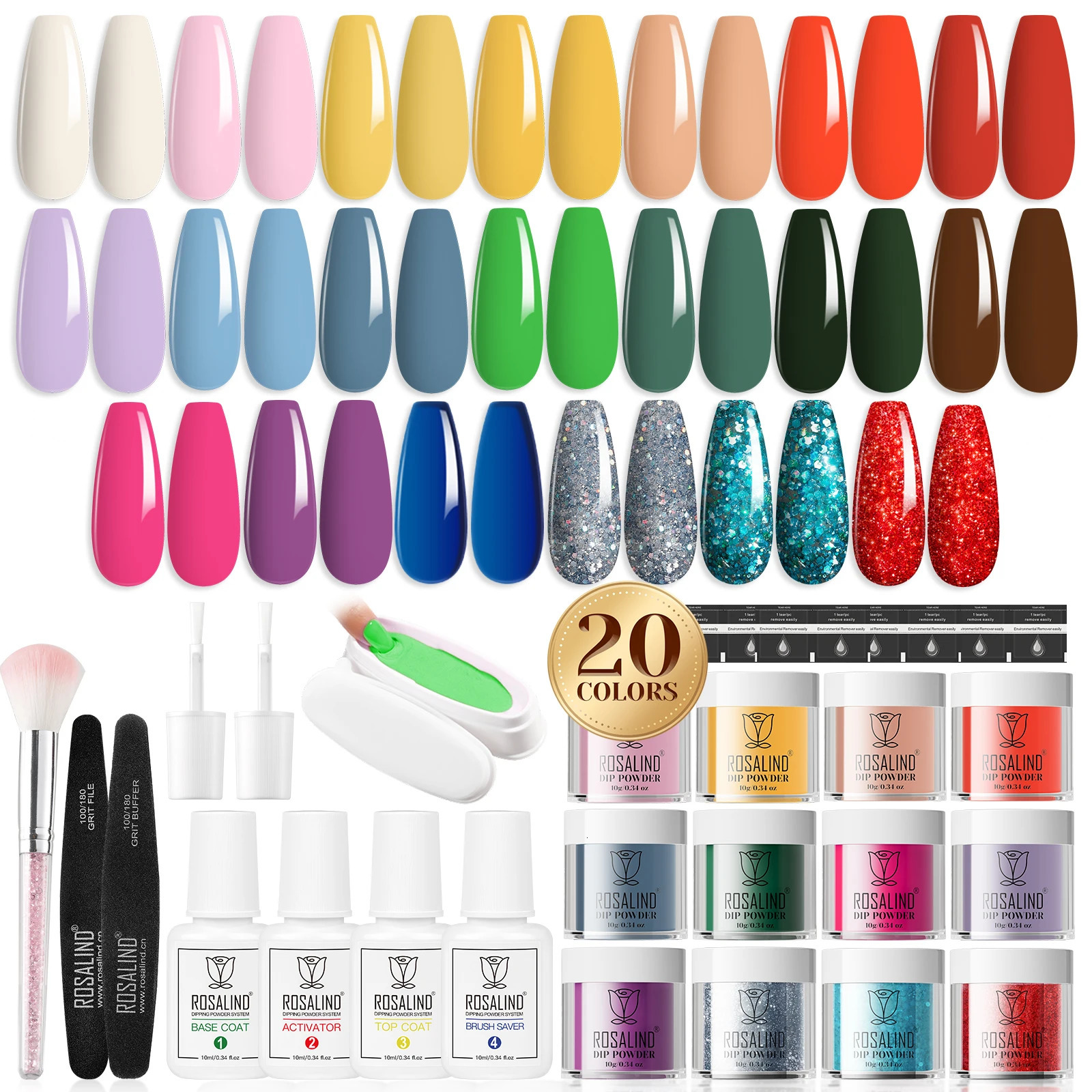 ROSALIND 29PCS Dip Nails Powder Starter Kit 20 Colors Dip Powder Nail Kit Red Green Orange Glitter Series Nail Dip Powder Color 250227