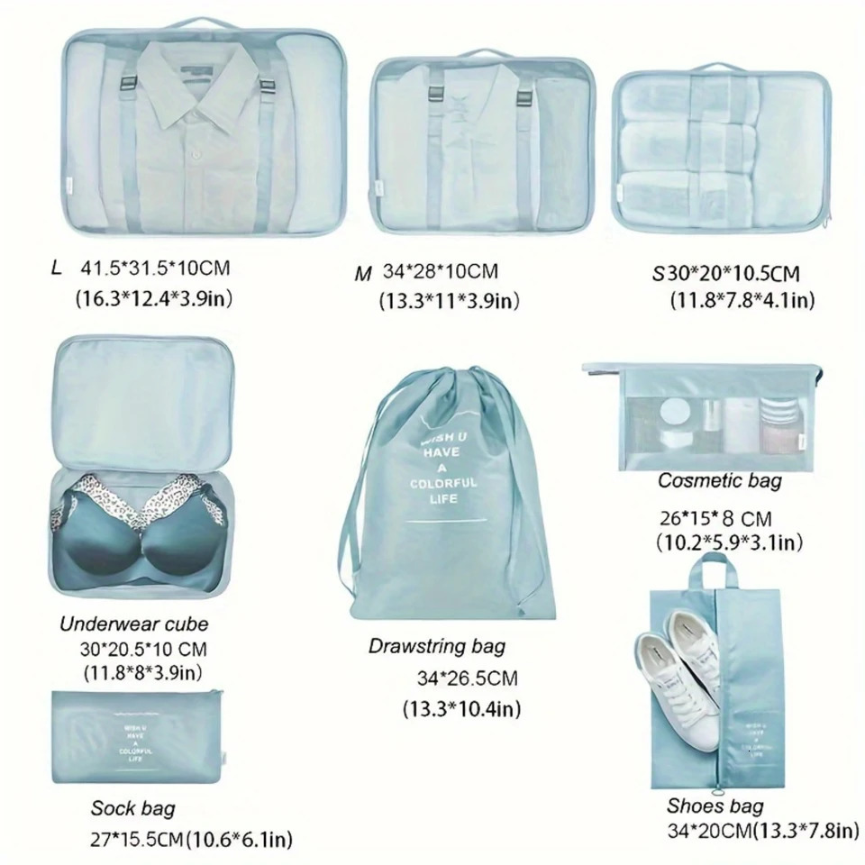 Ship from US 8 Set Packing Cubes Lightweight Grey Travel Luggage Organizers With Cosmetic Bag Compression Shoe Clothing Underwear S 250227FBB