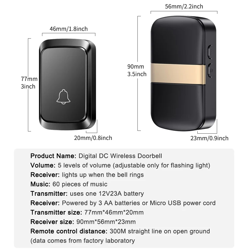 Wireless Doorbell Home Welcome Smart Doorbell 60 Songs Battery Type DoorBell call Reminder LED Flash Home Safety Alarm