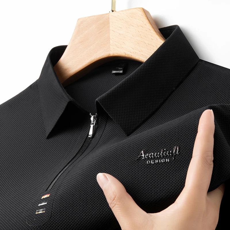 High End Summer Embroidered Ice Silk Zippered polo shirt Trend Casual Seamless Breathable Lapel Mens Clothing 250225