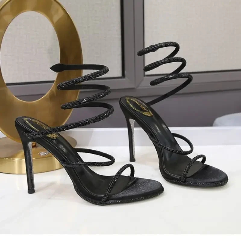 2025 Summer Sexy Womens Crystal Sandals Fashion Snake Wrap Rhinestone High Heel Sandals Party Wedding Shoes 250227