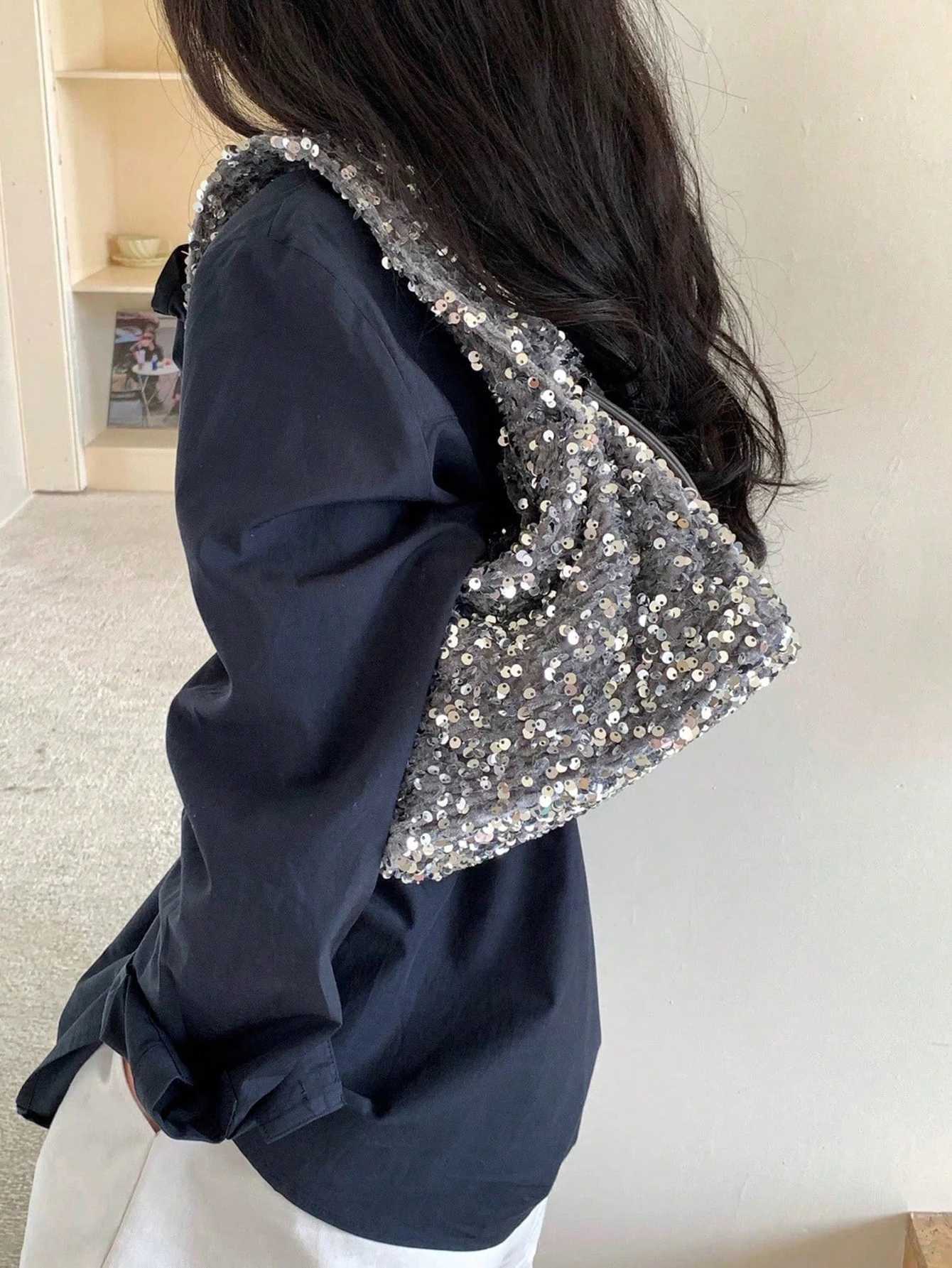 Fiable blingbling handbag 2024 new fi handbag black sequined handbag for women say sequined shoulder armpit bagXJ250227