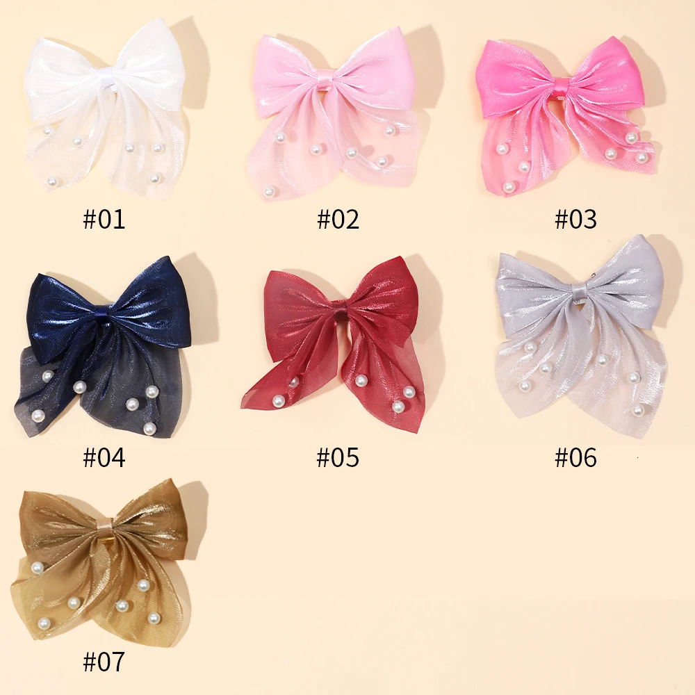 30pc/lot Chiffon Hair Bow Hair clips Baby Girls Kid Pearl Bow Barrettes School Girl Fable Bow Hairpins Hair Accessories Bulk 250227