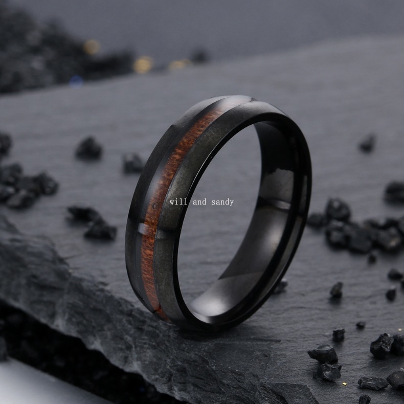 6MM Inlay Stainless Steel Wood Rings Band Tail Mens Engagement Wedding Ring for Men Gold Silver Black Hip Hop Jewelry