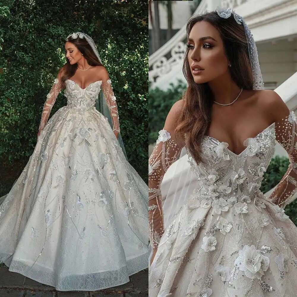Wedding Dresses with 3D Appliques, Ball Gown, Lace, Sequin Sleeves, Backless, Pleated, Cut, Custom Dress