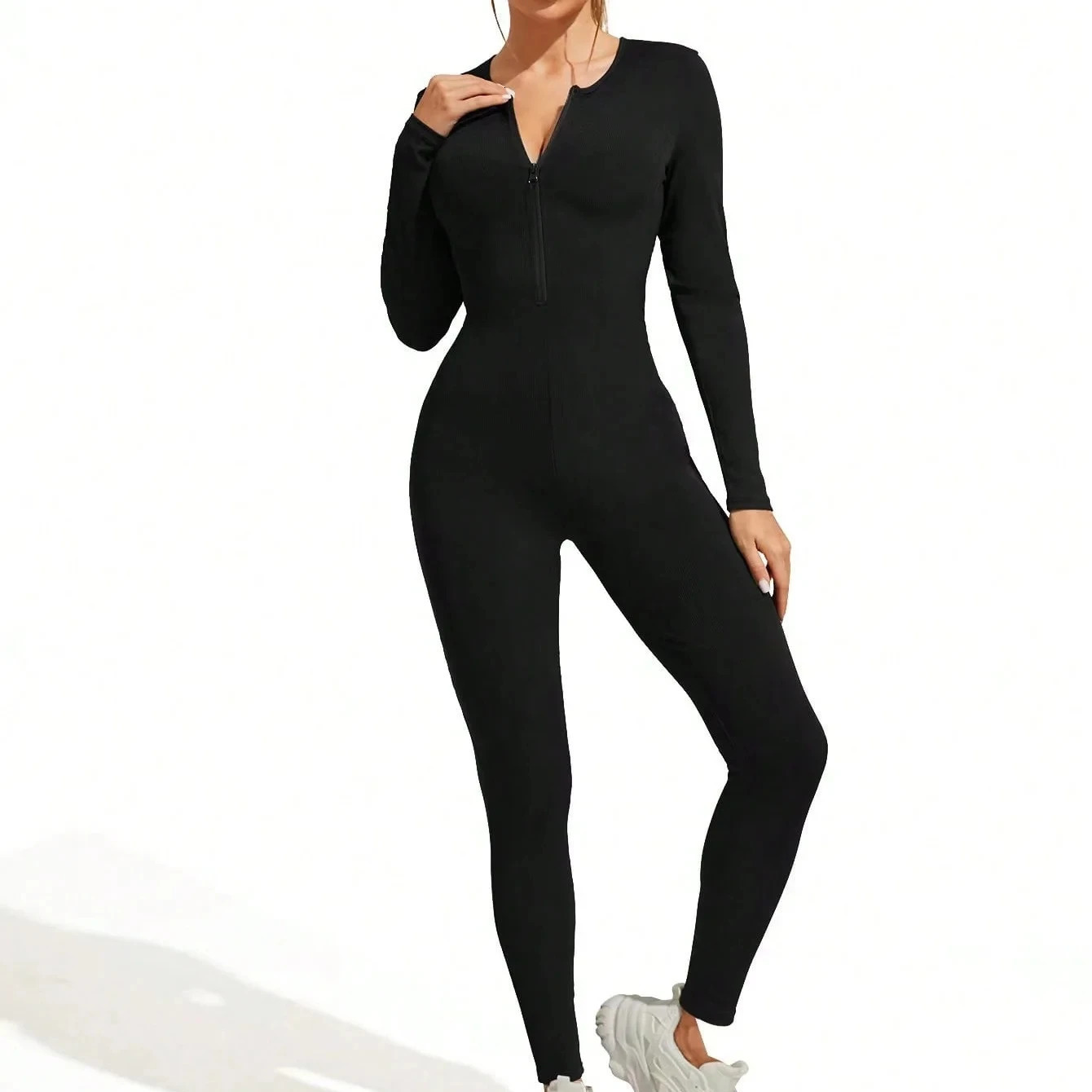 Fall sexy bodysuit for women solid color ribbed long sleeve zipper bodycon sporty clothing rompers womens jumpsuit 250224