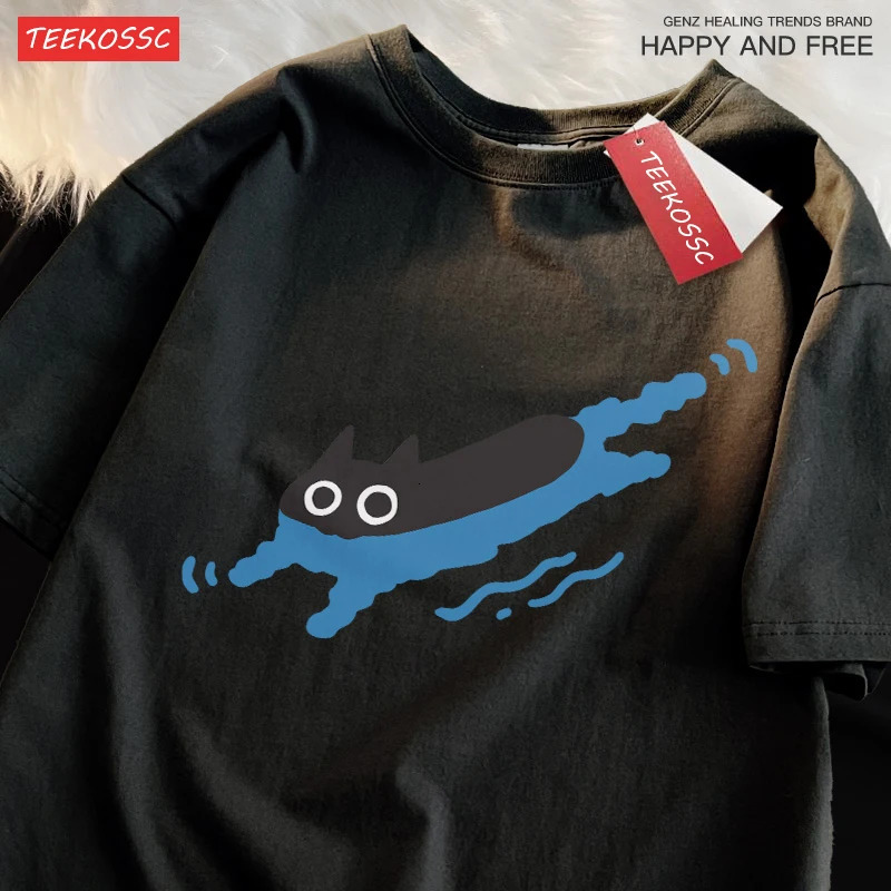 Couple Tees Swimming Black Cat Diving Shoulder Short Sleeved T-shirt For Men Women Breathable Casual Pure Cotton Loose Tops 250227