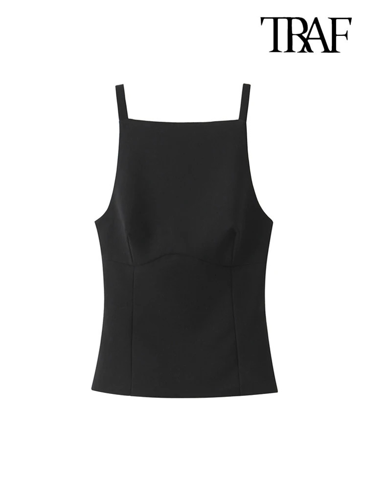 TRAF-Womens Strappy Tank Tops with Back Bow Straight Neck Side Zipper Female Camis Sexy Fashion 250226