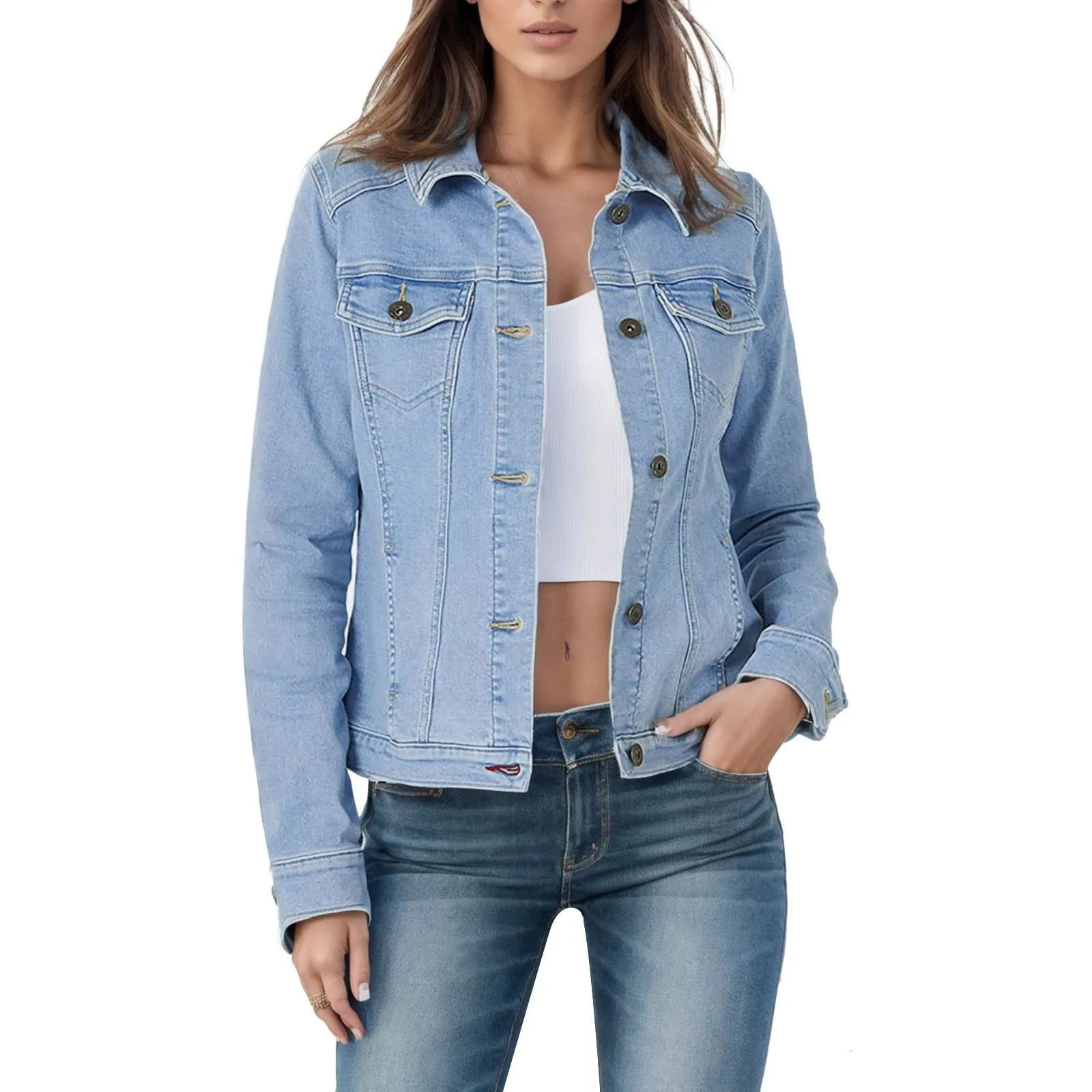 Womens Short Lapel Denim Jacket Women Loose Long Sleeve Student Tops Autumn Slim Fit Coat for Outerwear 250227